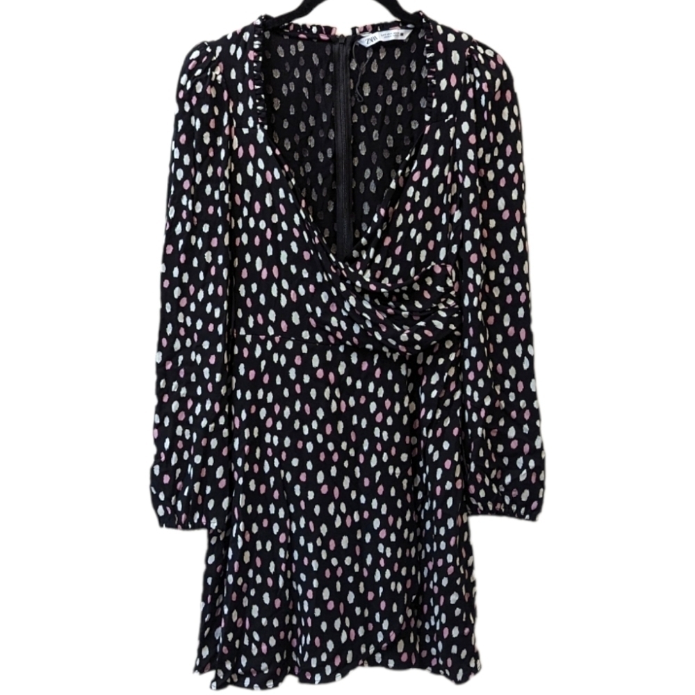 Zara Faux-Wrap Pink & White Dot Long Sleeved Ruched Shoulder Mini Dress (S)